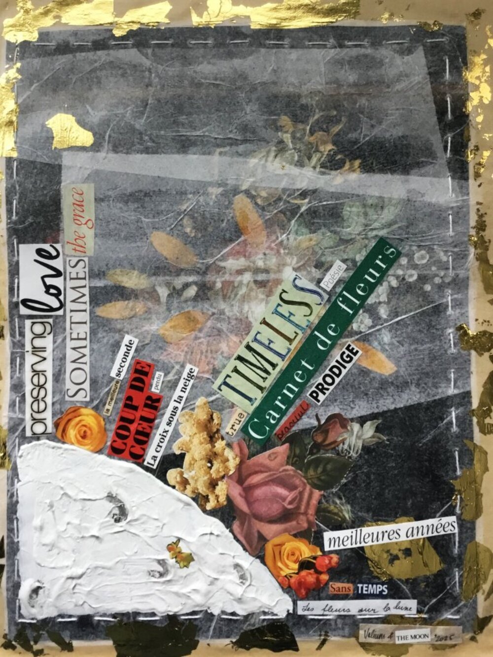 Collage on reproduction mounted on silk and butcher's papers 13 1/2 X 10 1/2inch